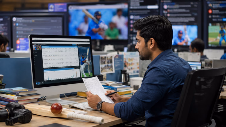 Cricket Analyst in a Busy Newsroom