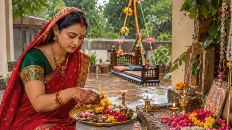 Festive Courtyard Puja with Flowers