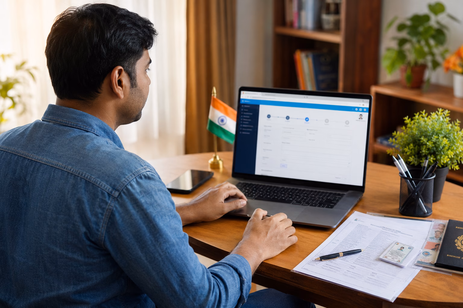 Focused Home Office Work with Indian Flag