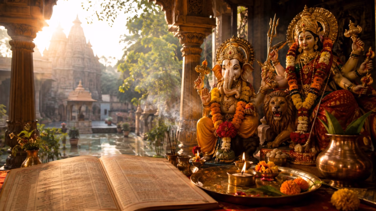 Golden Temple Shrine with Ganesha and Durga