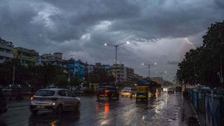 Rainy City Boulevard Under Lightning