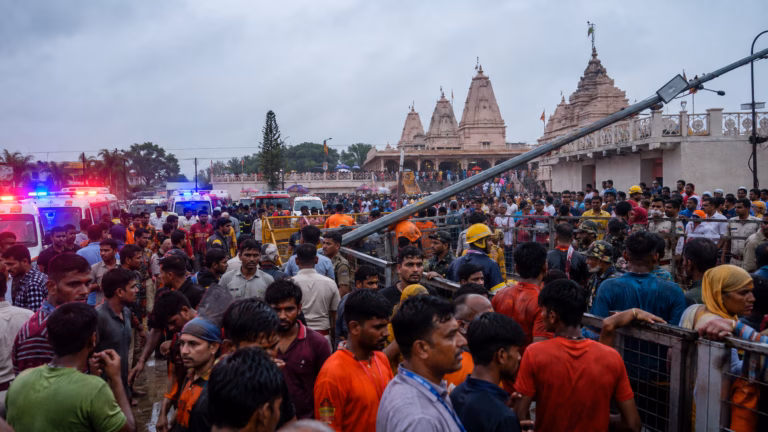 Rainy Temple Crowd with Emergency Response