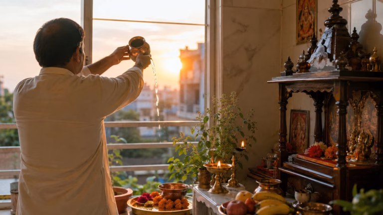 Sunlit Hindu Prayer Ritual at Home