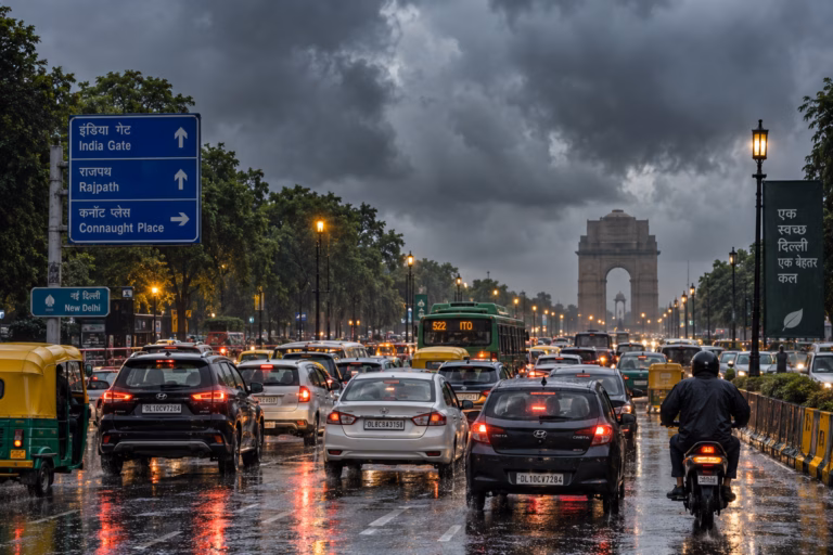 Rainy New Delhi Traffic at India Gate