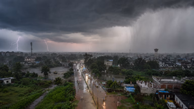 Stormy Cityscape Beneath Lightning