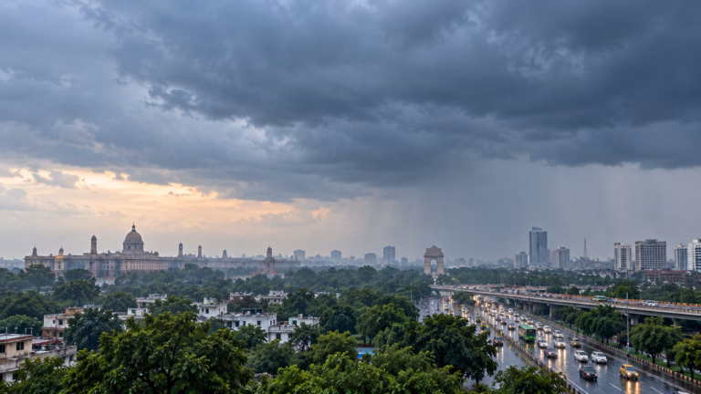 Stormy Delhi Skyline with Rain-Slick Roads