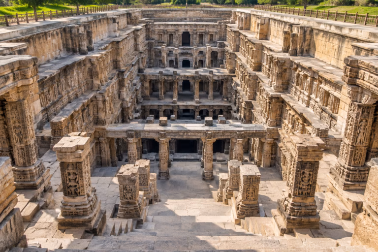 Symmetrical Stepwell in Sunlit Stone